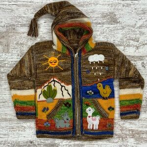 Peruvian Children’s Sweater Cardigan Jacket Hand Knit Artisan Full Zip Hooded